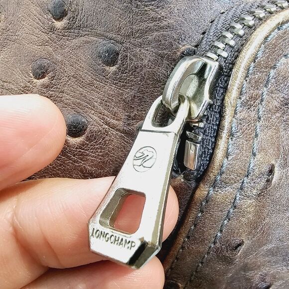 Longchamp Legende Hobo Brown Ostrich Embossed Bag Top Handle Carry Handbag - Picture 5 of 16